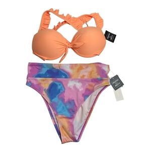 Salt + Cove Ruffle Strap Push-Up Underwire Bikini Top & Tie-Dye Bikini Bottoms M